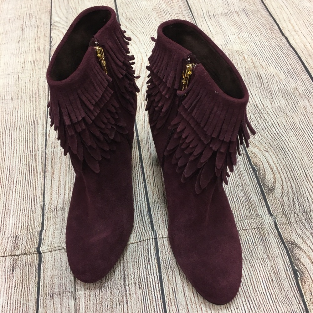 😍Idols Burgundy Heeled Suede booties with fringe Size 10 Awesome condition